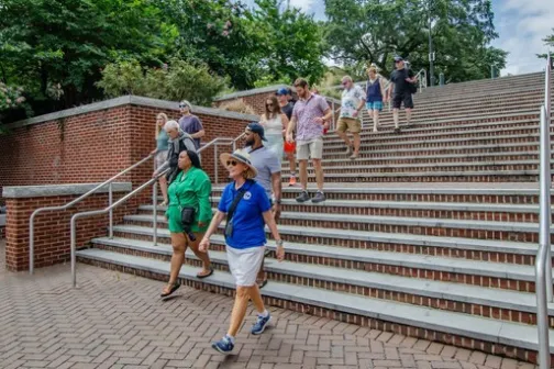 People walking down brick steps with green trees and cloudy sky in the background.