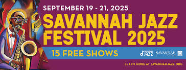 Savannah Jazz Festival 2025 poster with saxophonist and event dates.