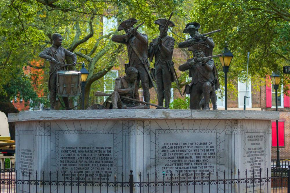 Haitian Volunteers Revolutionary War monument with five bronze soldiers in Savannah Georgia.