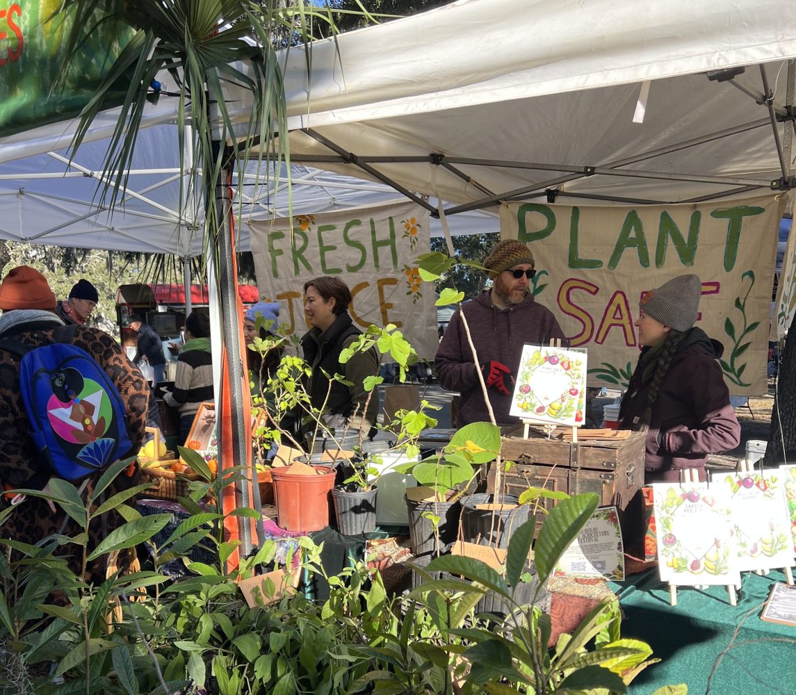 People at a market stall with plants and 'Fresh Juice' and 'Plant Sale' signs.