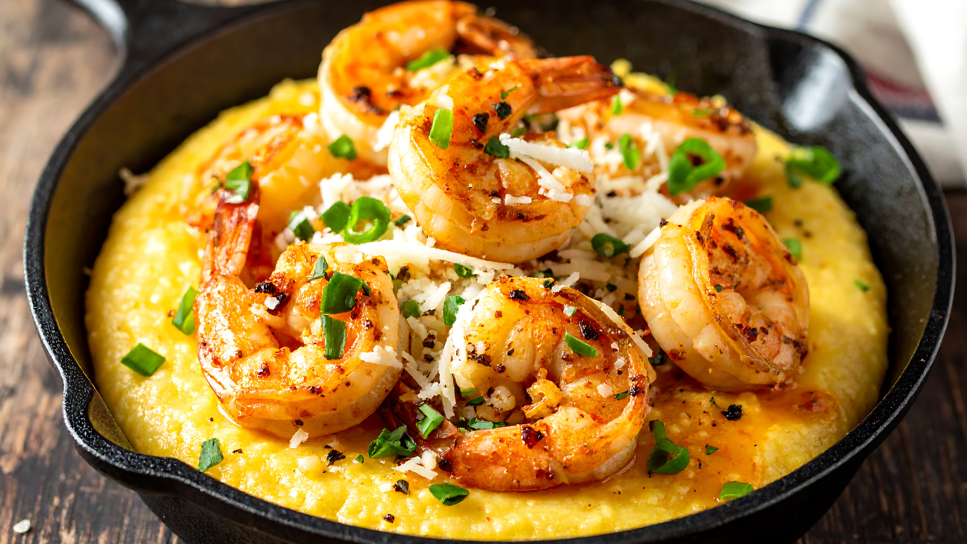 Shrimp on cheesy grits in a skillet, garnished with green onions.