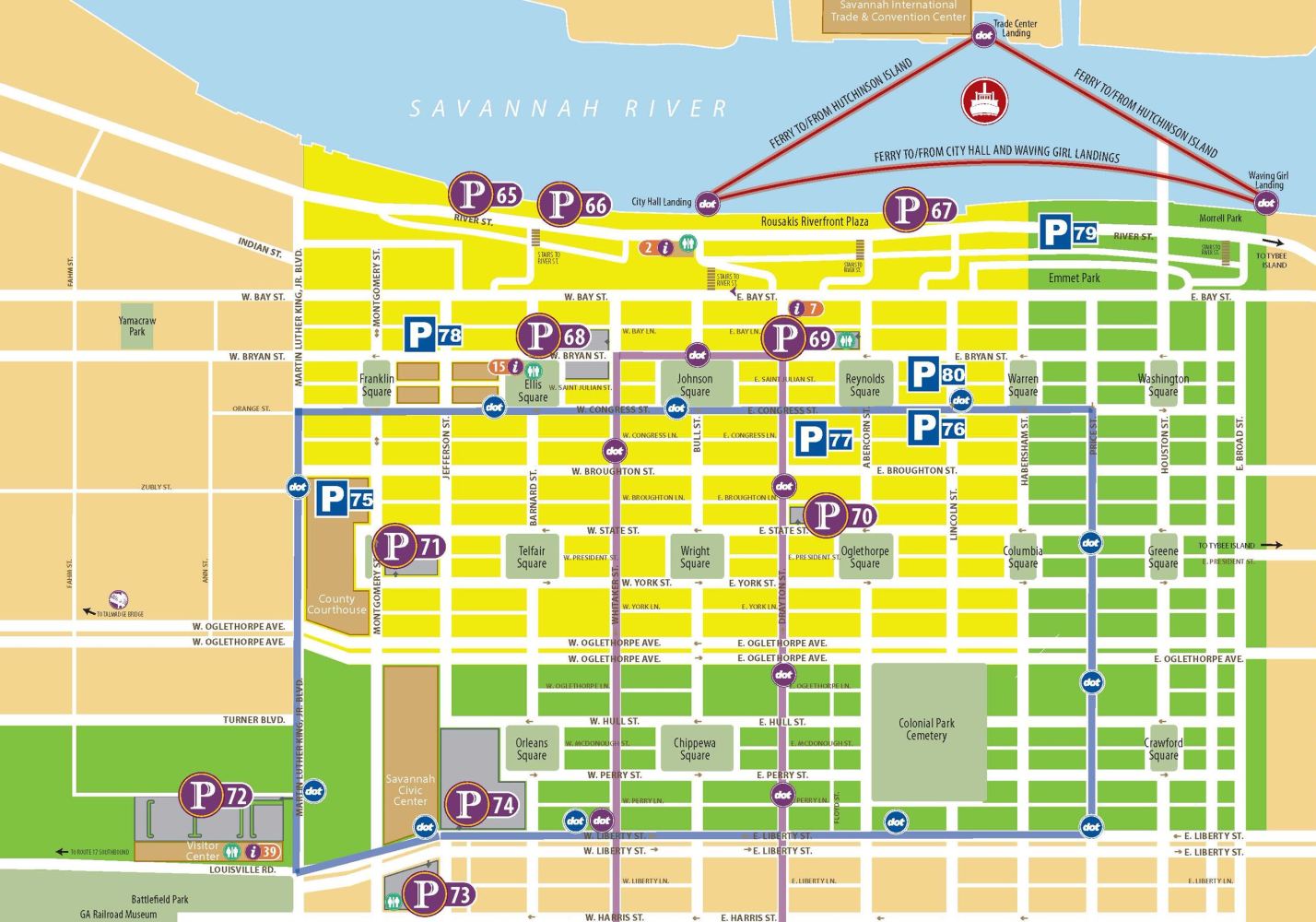 Map of Savannah showing parking areas and streets near the river.